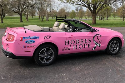 image of pink mustang with horses and hope logo