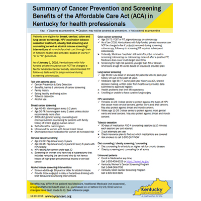 Summary of Cancer Prevention and Screening Benefits of the Affordable Care Act (ACA) in Kentucky for Health Care Professionals